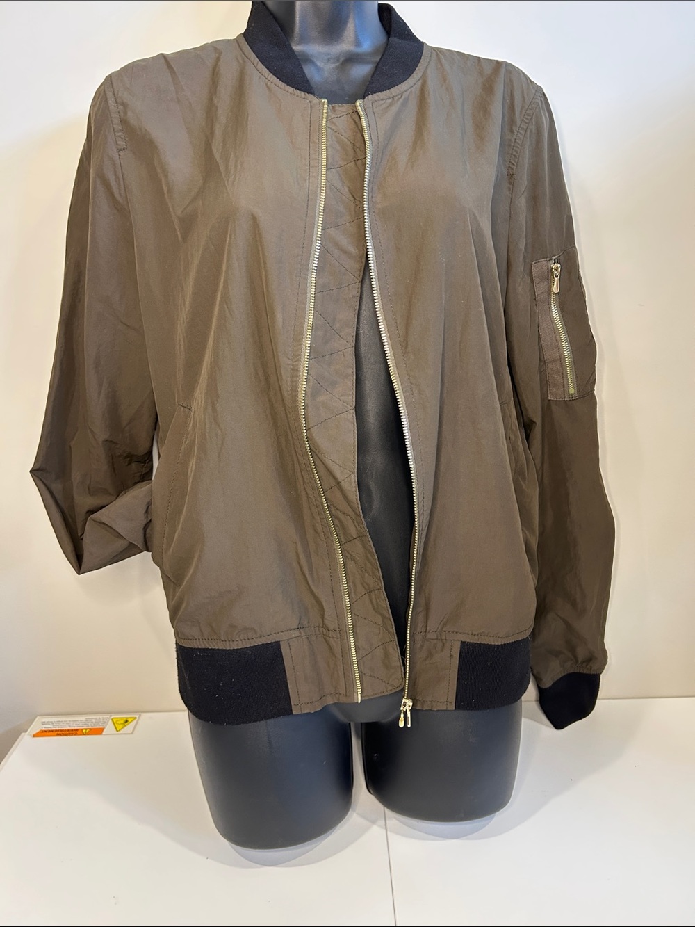 Zara Olive Green Bomber Jacket with Black Ribbed Trim lightweight